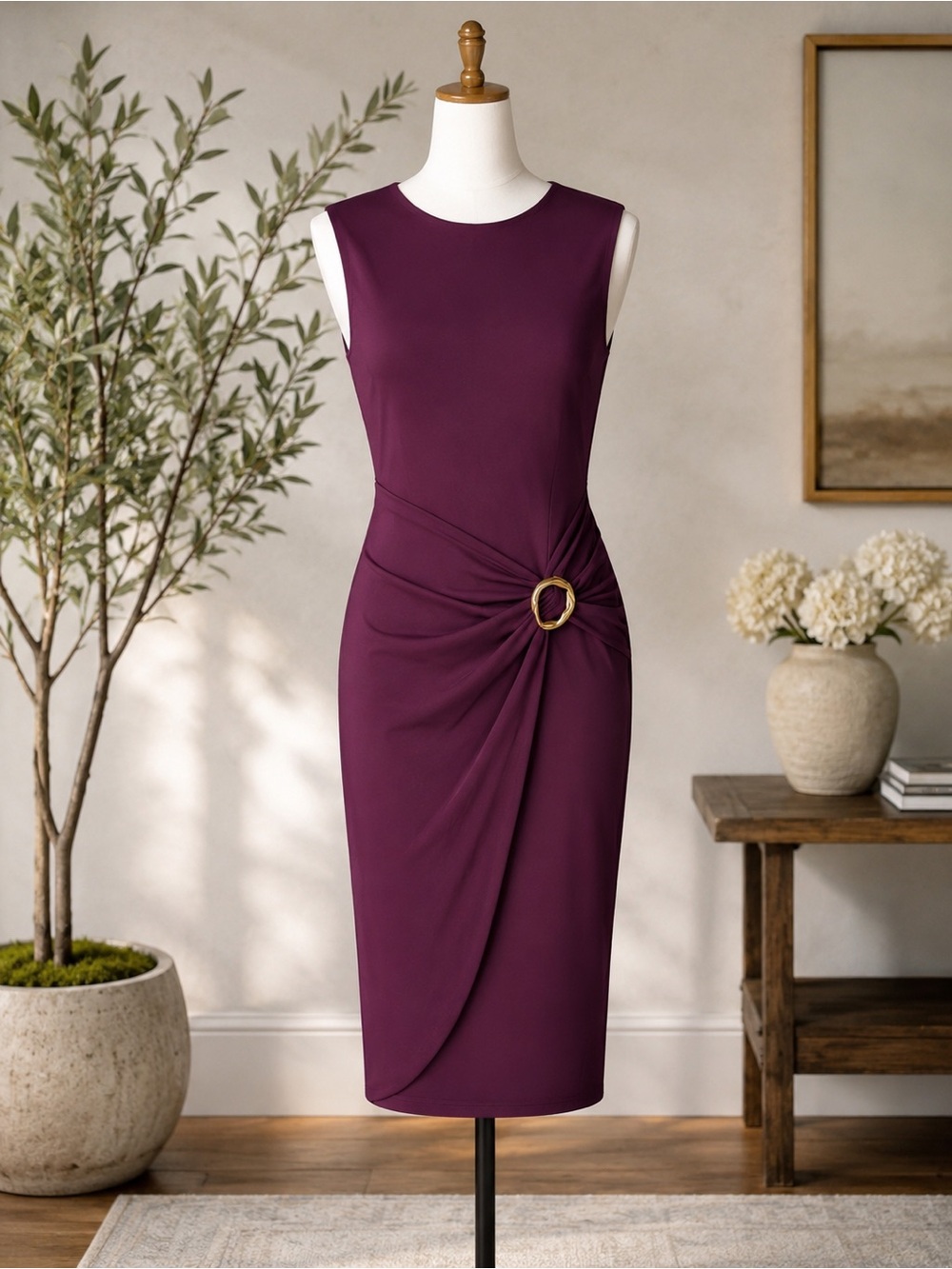 Donna Karan New York Sheath Dress 14W Purple Ruched Gold Buckle Career NWT